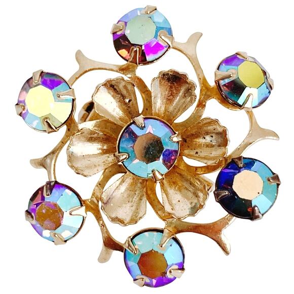 Vintage Mid Century Gold Tone Flower Brooch Purple Aurora Borealis Rhinestones - Picture 1 of 9
